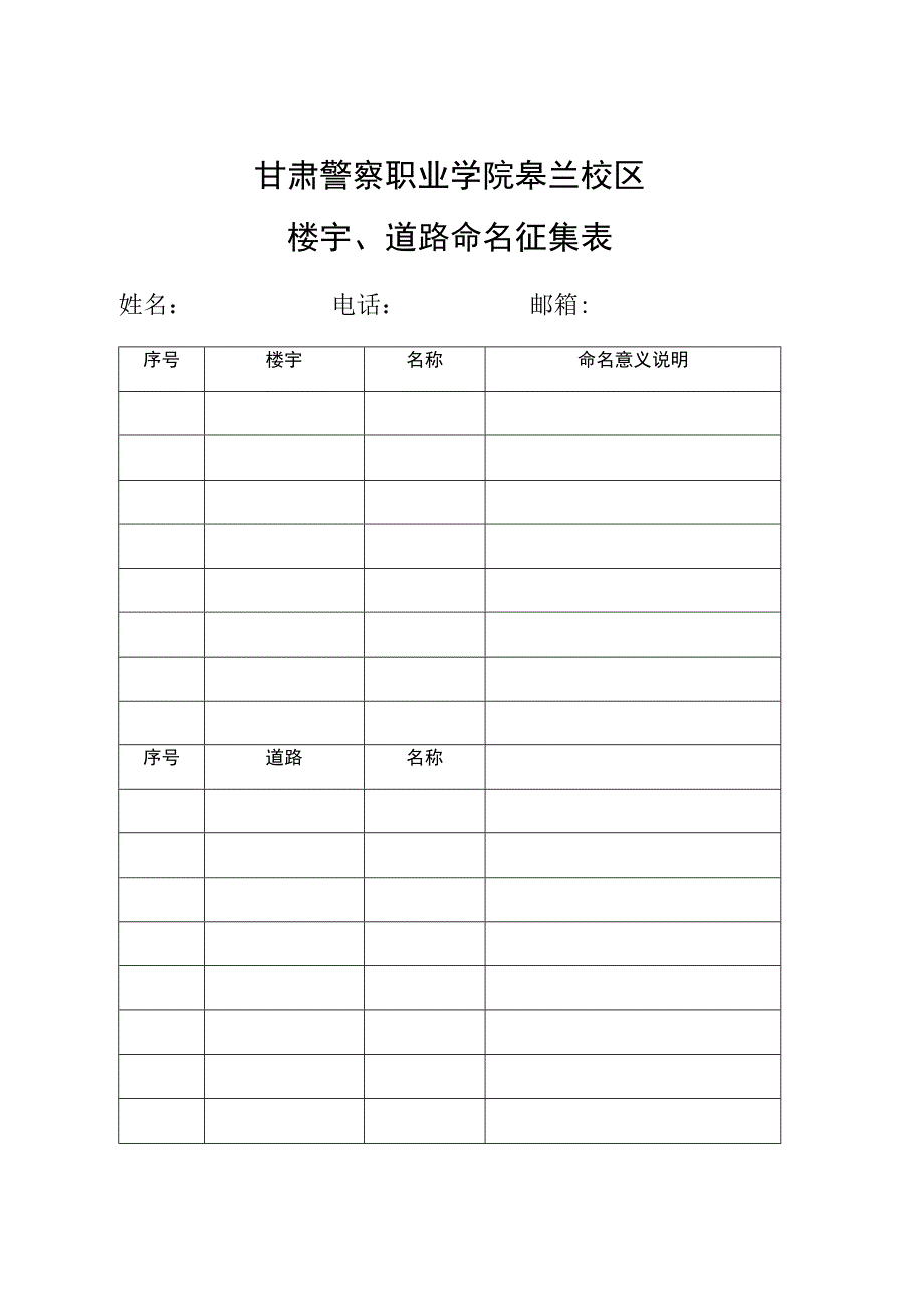 甘肃警察职业学院皋兰校区楼宇、道路命名征集表.docx_第1页