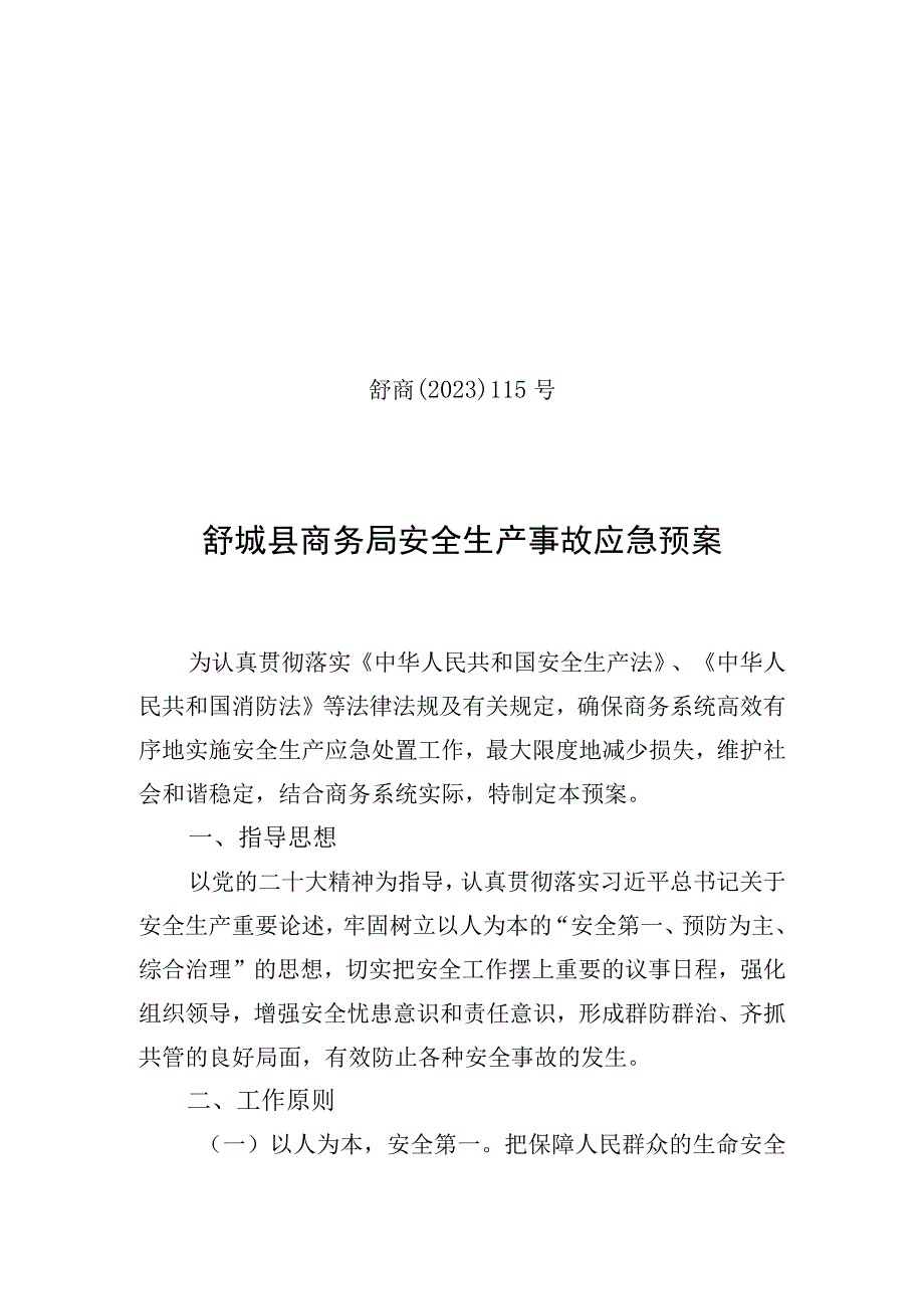 舒商〔2022〕115号舒城县商务局安全生产事故应急预案.docx_第1页