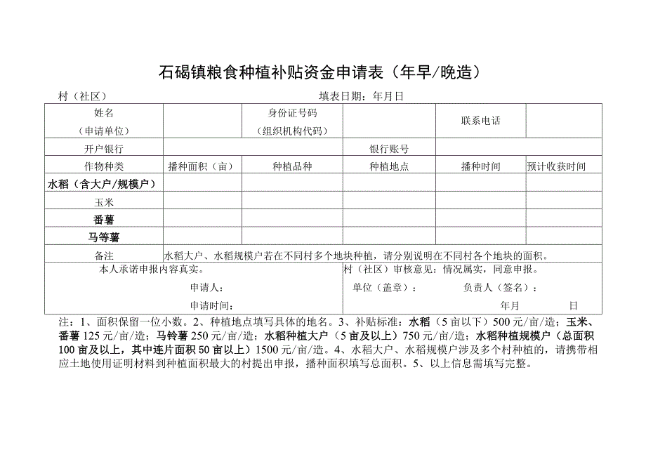 石碣镇粮食种植补贴资金申请表年早晚造.docx_第1页