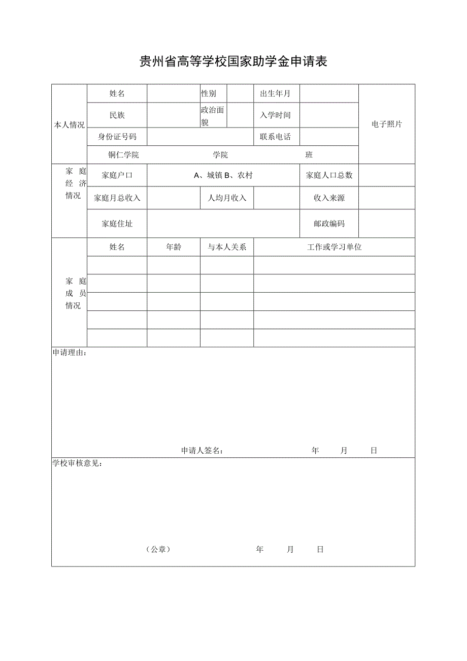 贵州省高等学校国家助学金申请表.docx_第1页