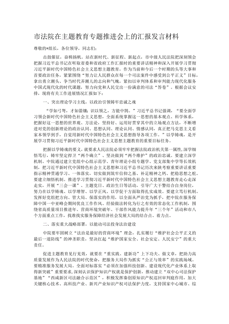 市法院在主题教育专题推进会上的汇报发言材料(1).docx_第1页