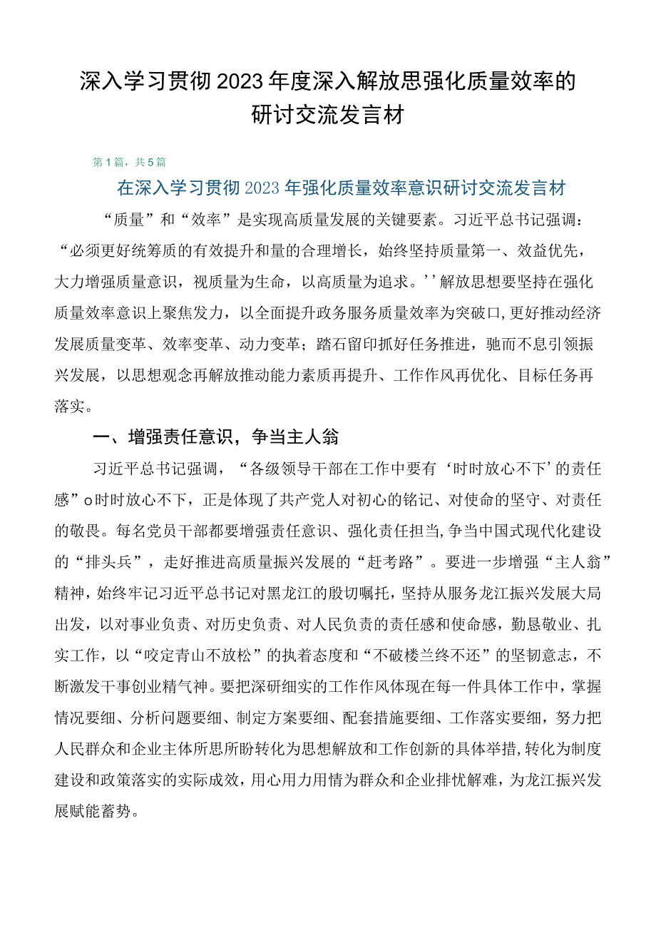 深入学习贯彻2023年度深入解放思强化质量效率的研讨交流发言材.docx_第1页