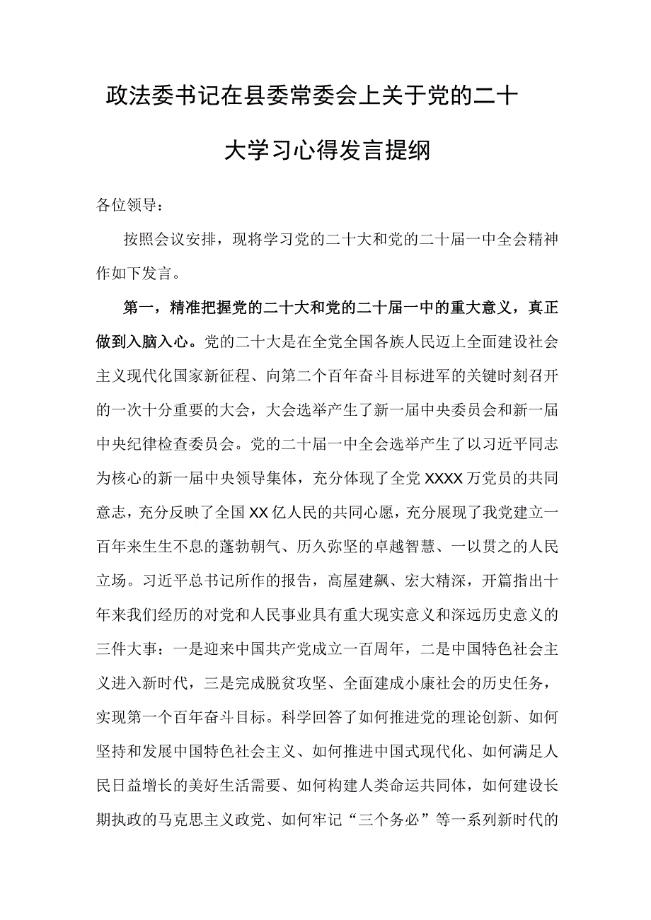 心得体会：党的二十大学习发言提纲（政法委书记）.docx_第1页