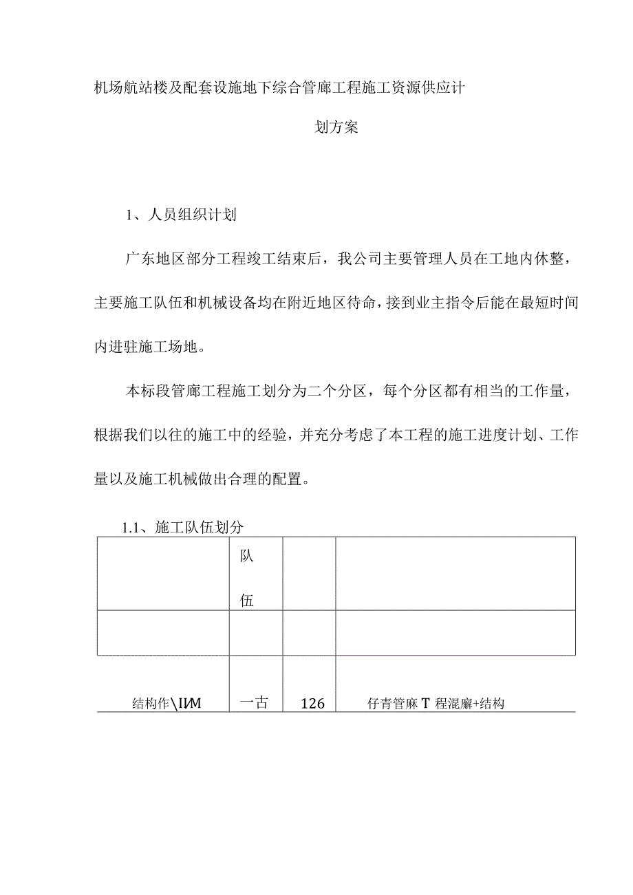 机场航站楼及配套设施地下综合管廊工程施工资源供应计划方案.docx_第1页