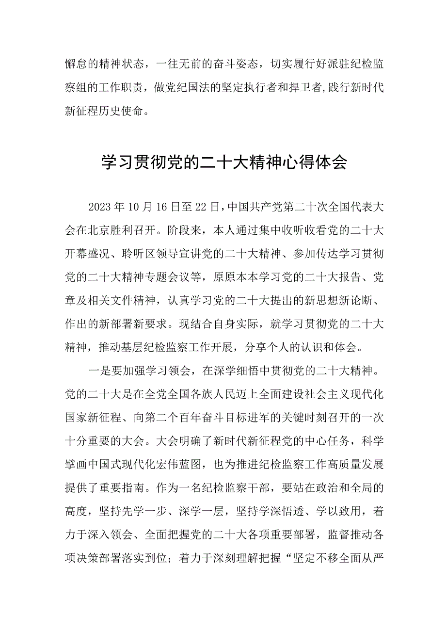 纪检监察干部关于学习贯彻党的二十大精神交流发言稿十二篇.docx_第2页