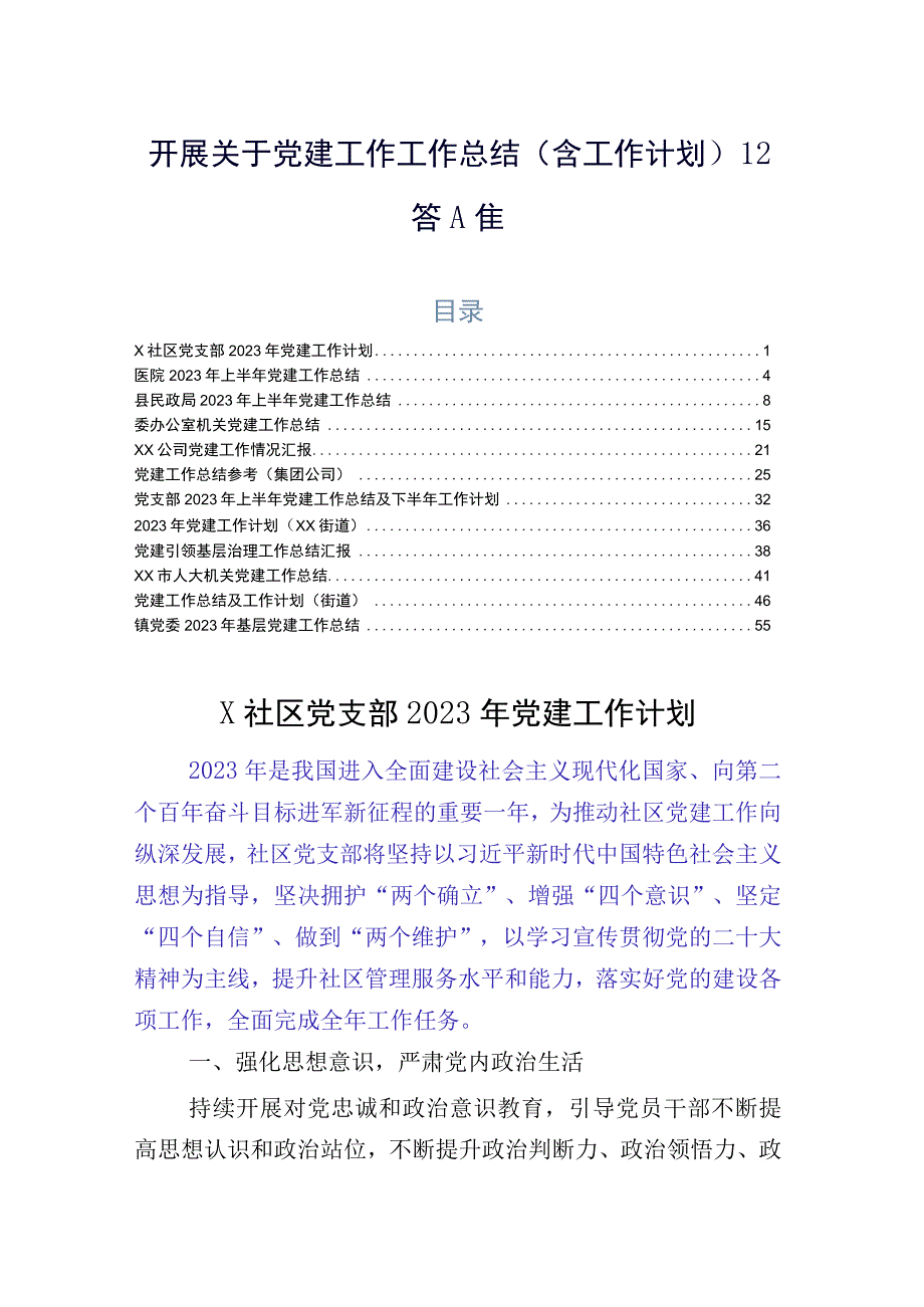 开展关于党建工作工作总结（含工作计划）12篇合集.docx_第1页