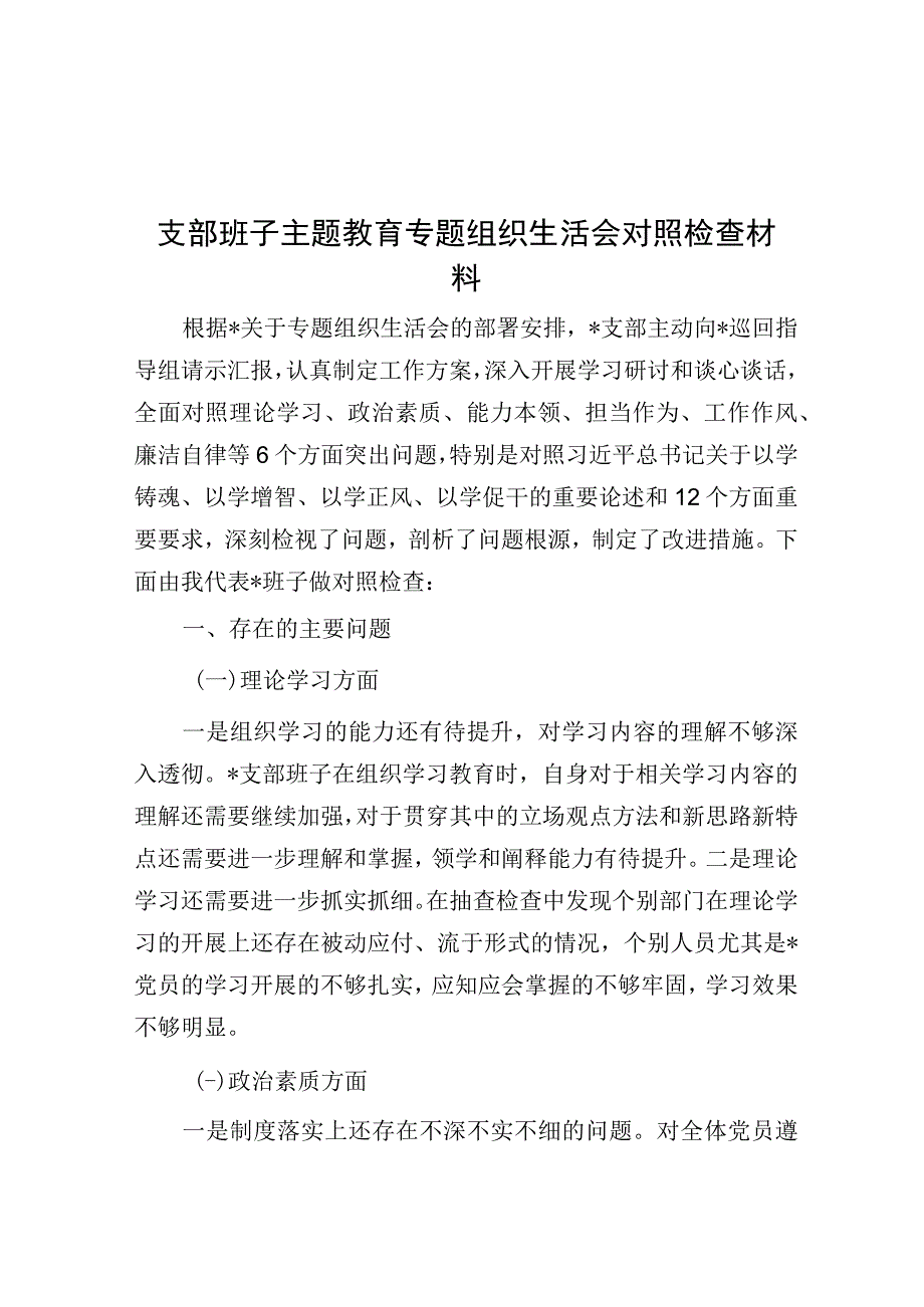 支部班子主题教育专题组织生活会对照检查材料.docx_第1页