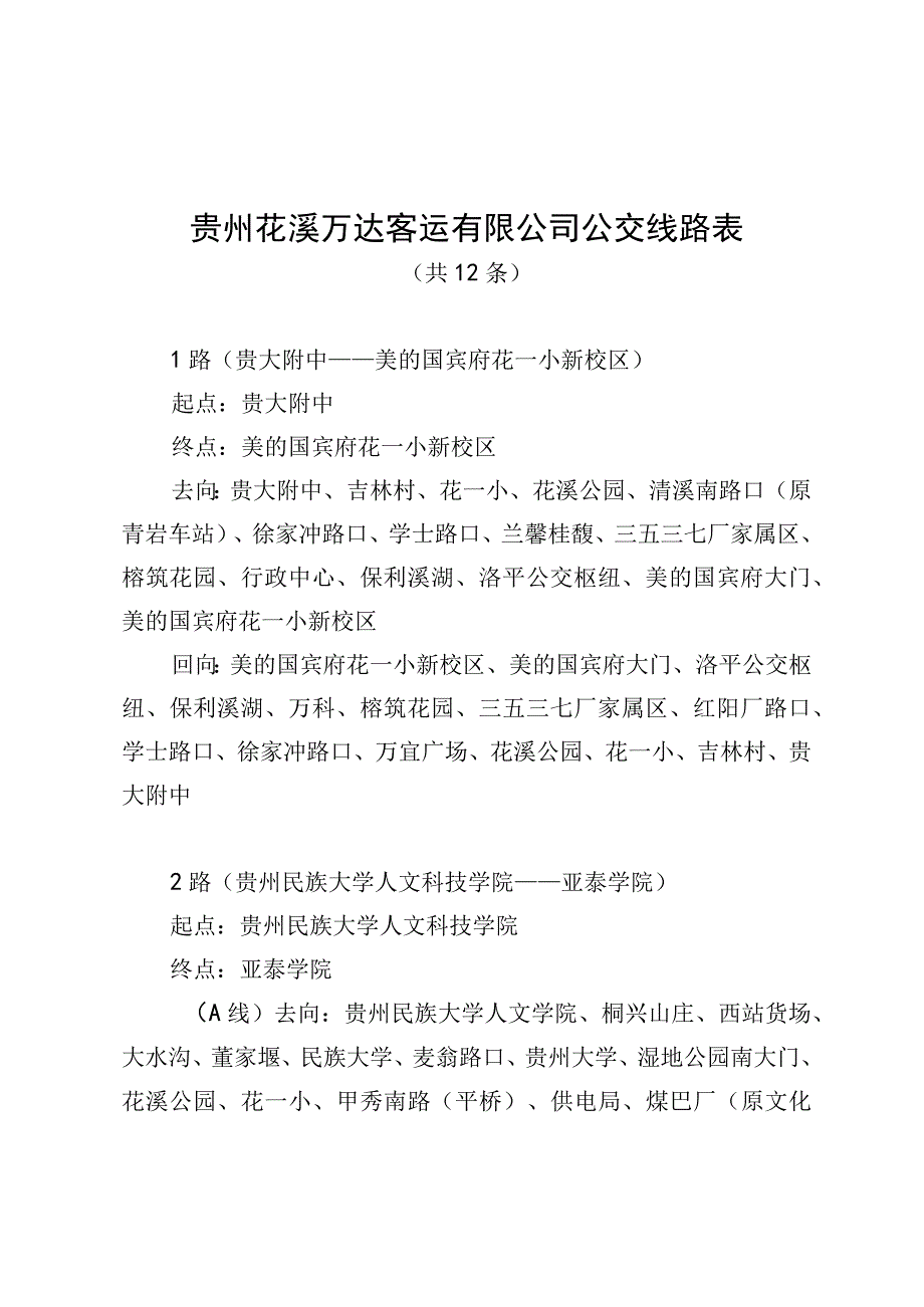 贵州花溪万达客运有限公司公交线路表.docx_第1页