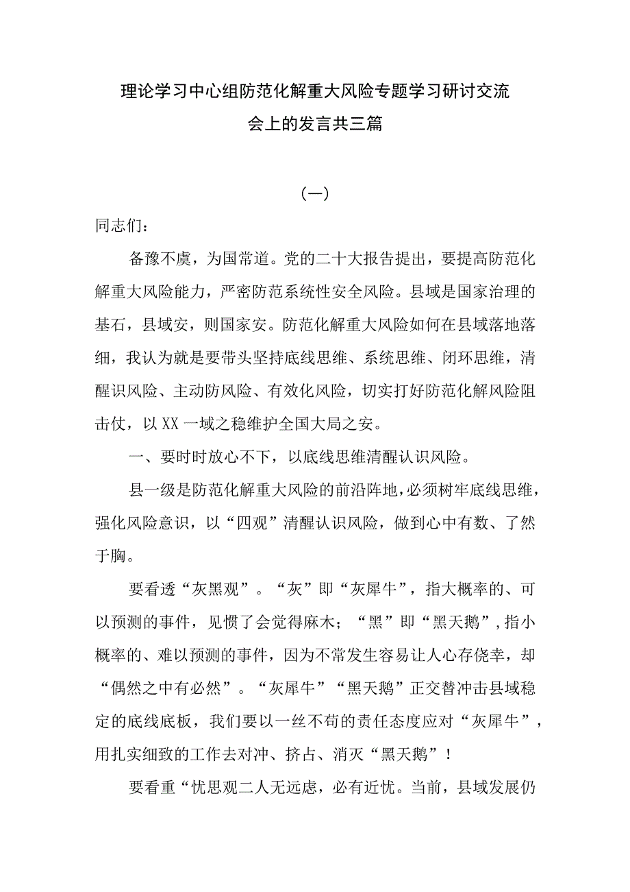 理论学习中心组防范化解重大风险专题学习研讨交流会上的发言共三篇.docx_第1页