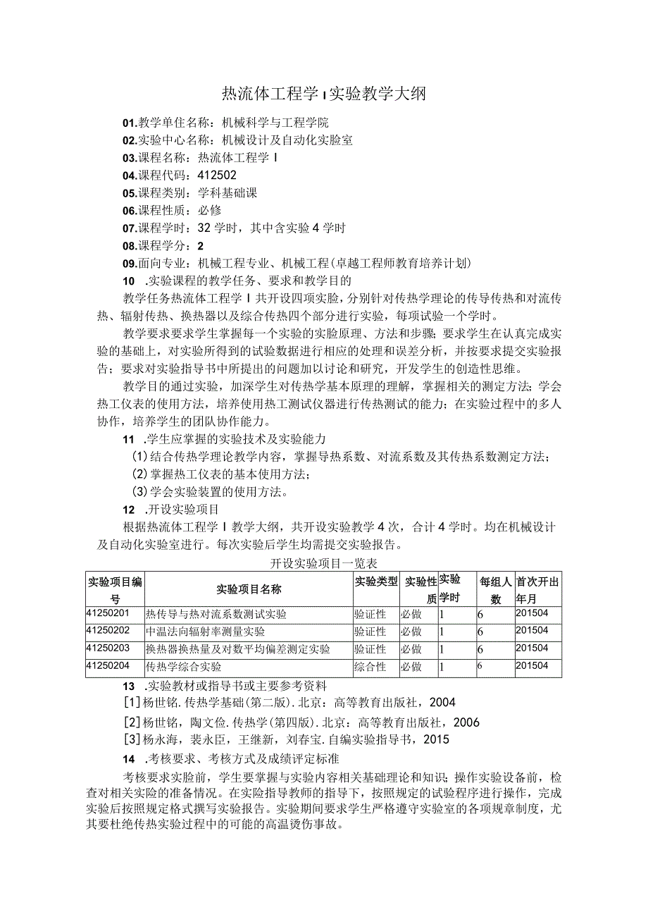 热流体工程学I实验教学大纲.docx_第1页