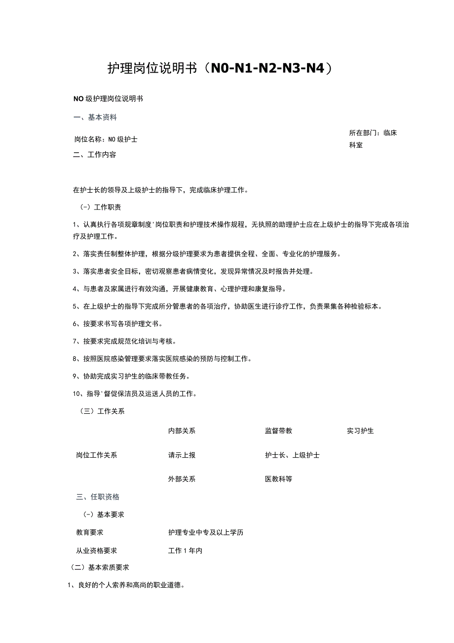 护理岗位说明书（N0-N1-N2-N3-N4）.docx_第1页