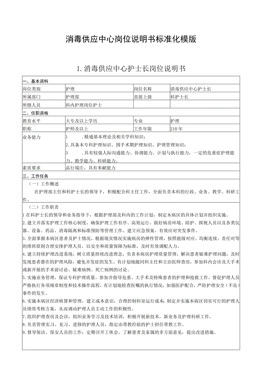 消毒供应中心岗位说明书标准化模版(共8项16页内容).docx_第1页