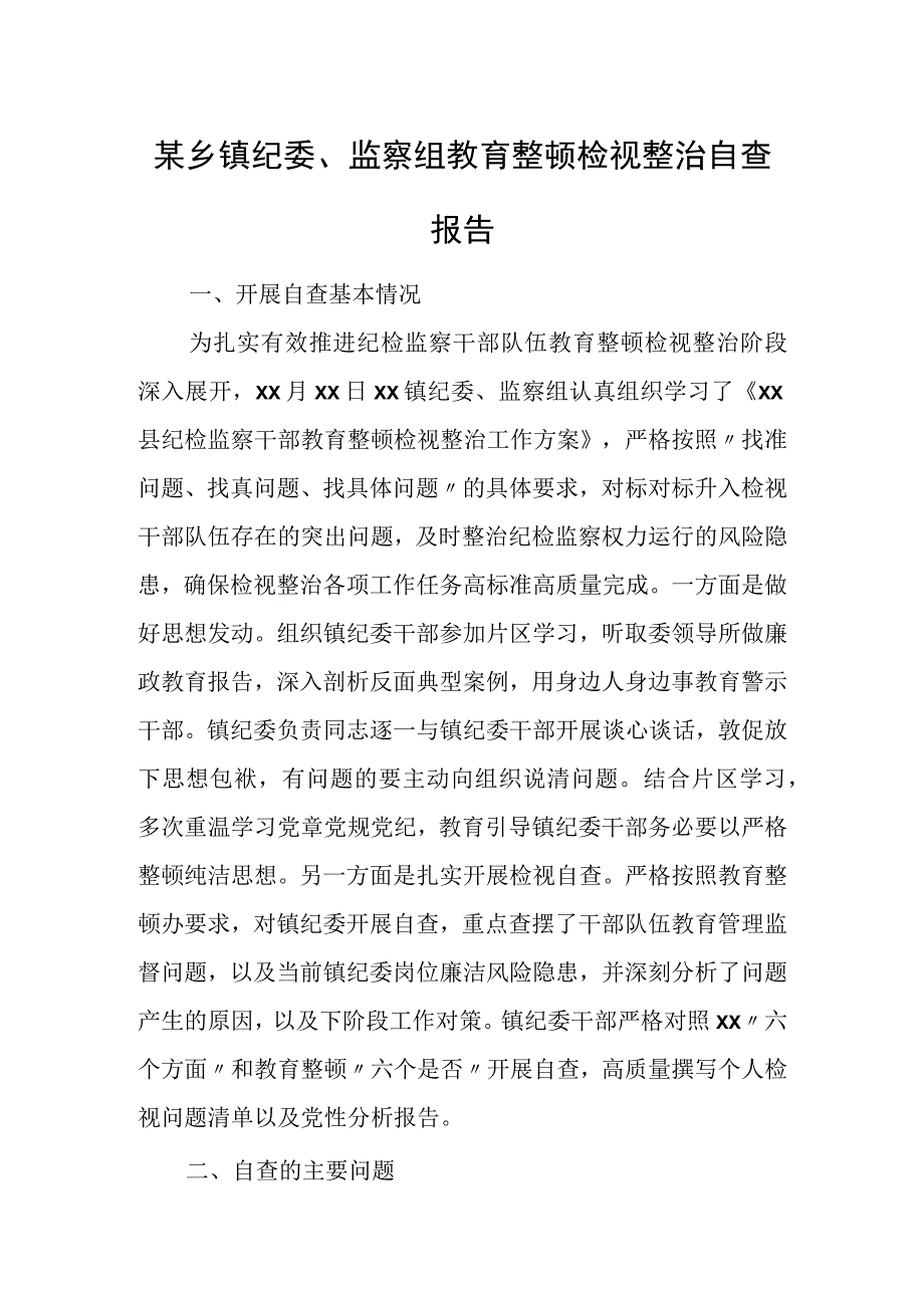 某乡镇纪委、监察组教育整顿检视整治自查报告.docx_第1页