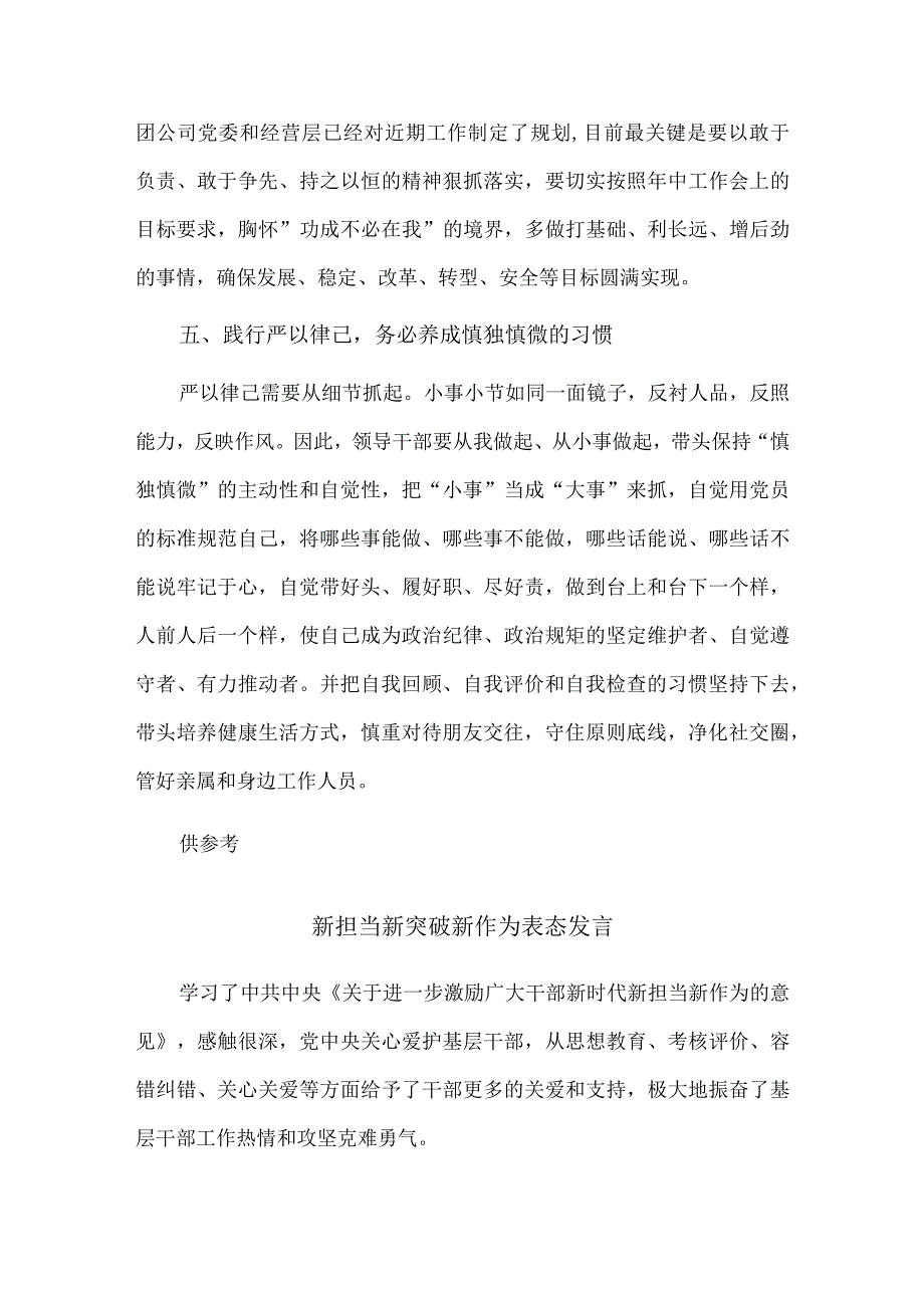 新担当新突破新作为表态发言、“严以律己”专题学习研讨会发言两篇.docx_第3页