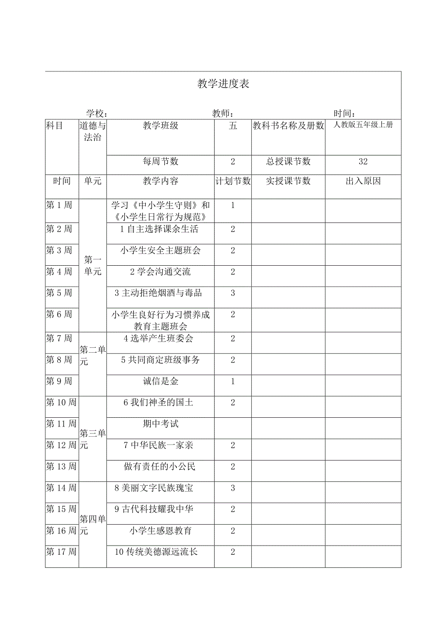 金坛区部编版五年级上册道德与法治教学进度表.docx_第1页