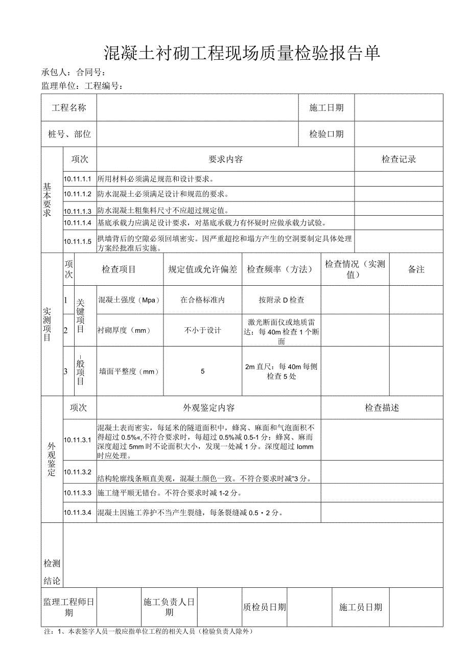 混凝土衬砌工程 现场质量检验报告单.docx_第1页