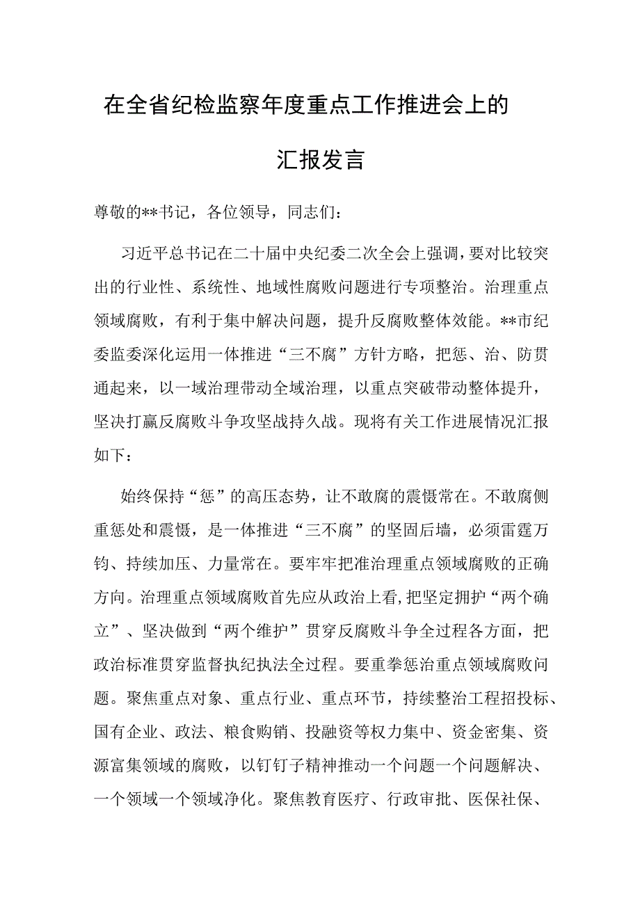 纪检监察年度重点工作推进会汇报发言.docx_第1页