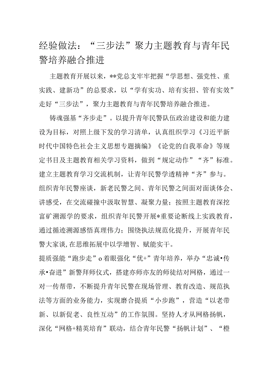 经验做法：“三步法”聚力主题教育与青年民警培养融合推进.docx_第1页