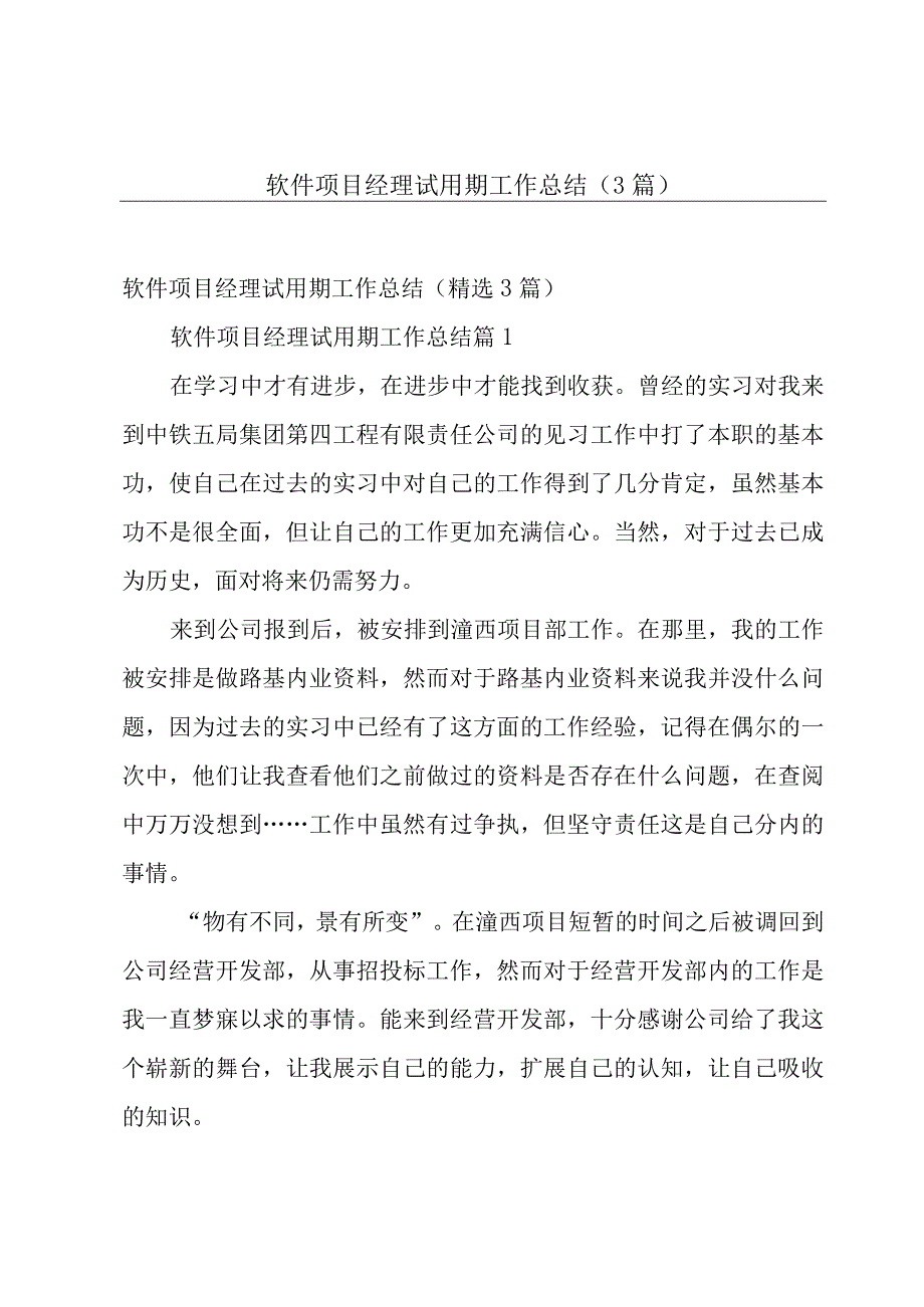 软件项目经理试用期工作总结（3篇）.docx_第1页