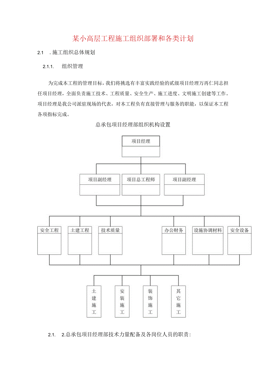 某小高层工程施工组织部署和各类计划.docx_第1页