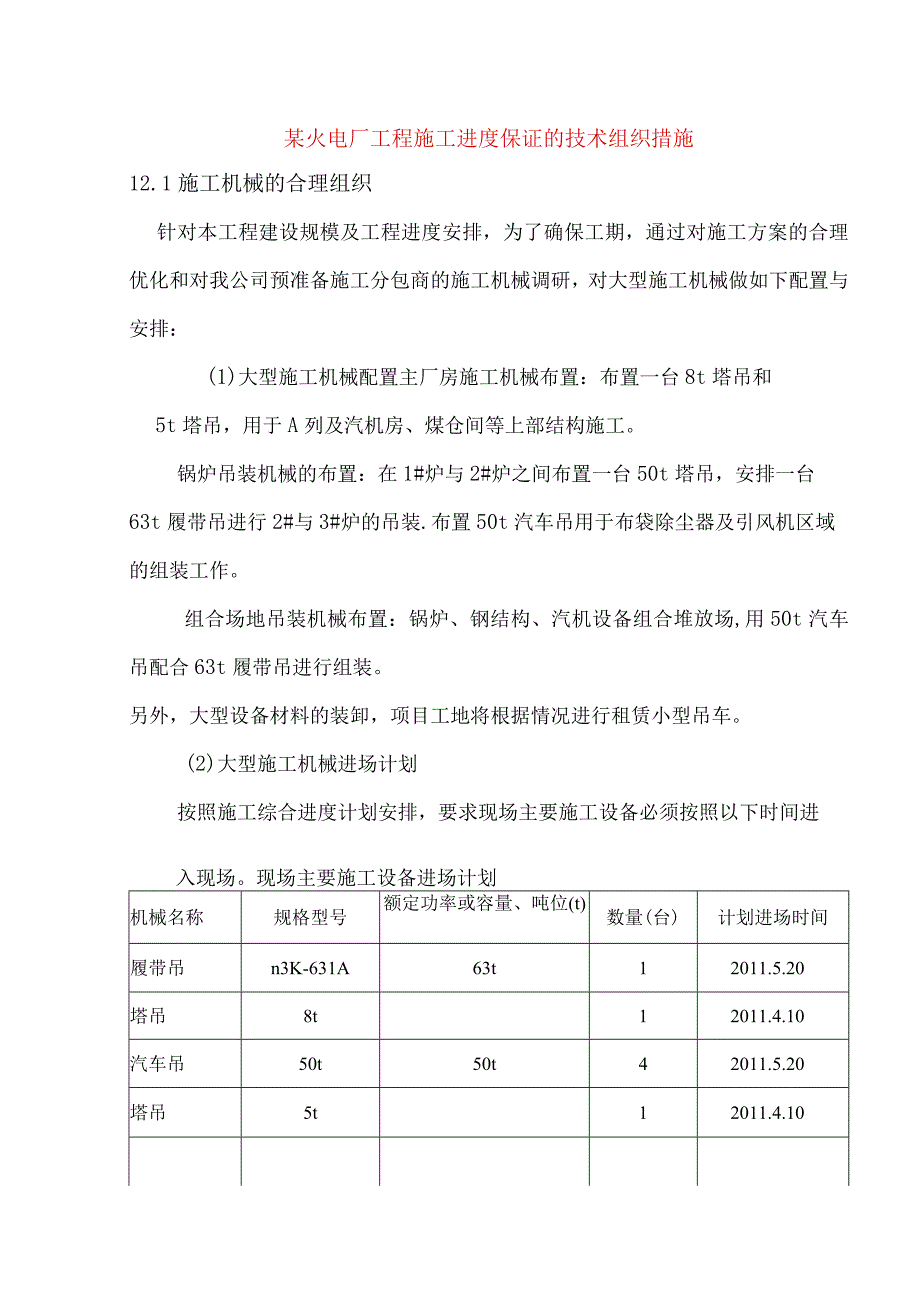 某火电厂工程施工进度保证的技术组织措施.docx_第1页