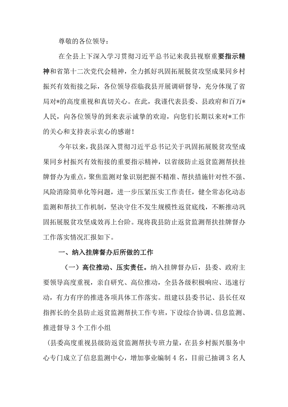 防止返贫监测帮扶挂牌督办工作情况汇报.docx_第1页