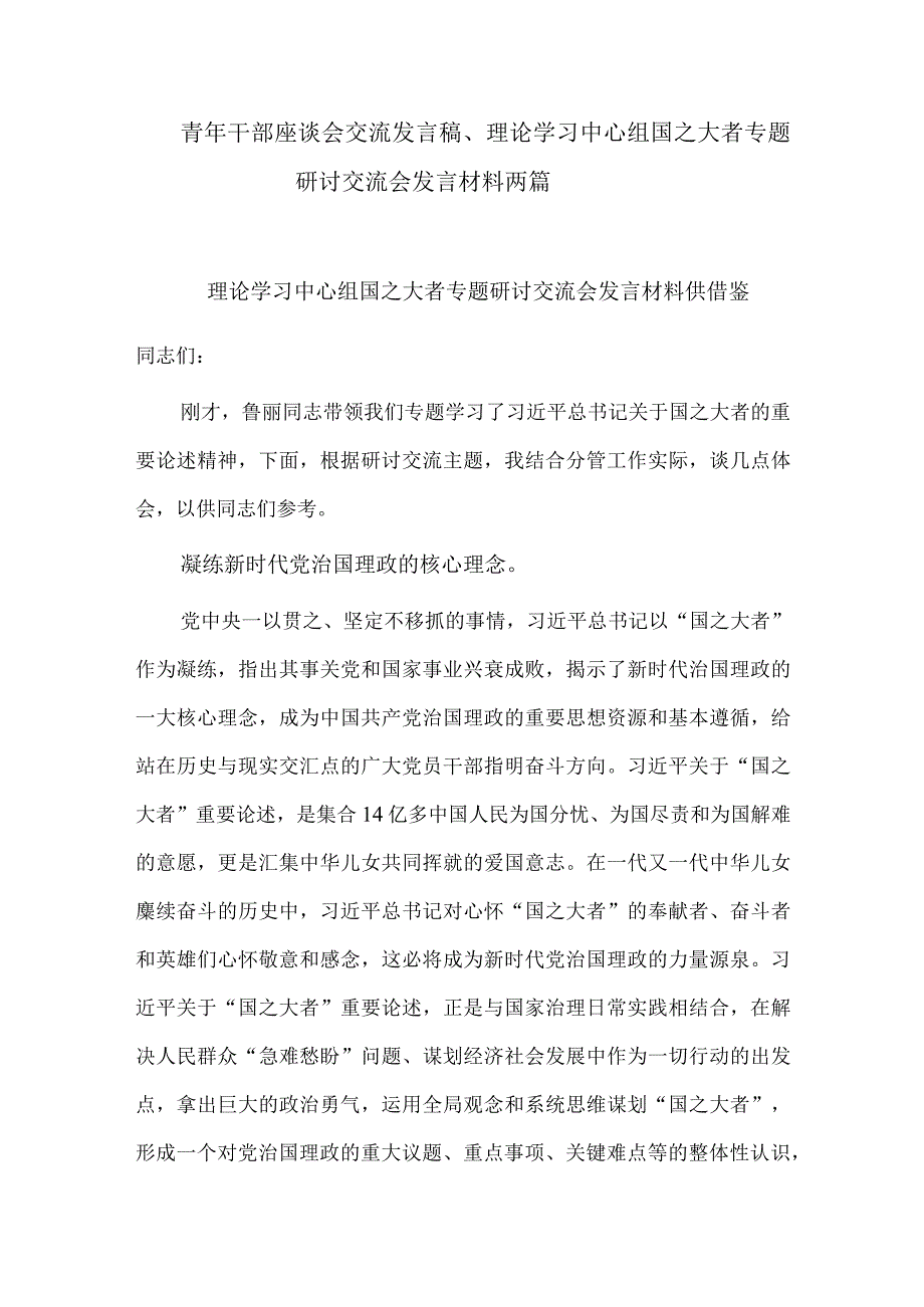 青年干部座谈会交流发言稿、理论学习中心组国之大者专题研讨交流会发言材料两篇.docx_第1页