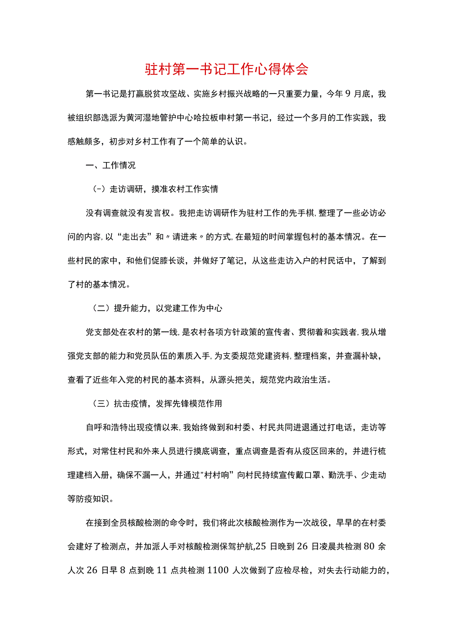 驻村第一书记工作心得体会.docx_第1页