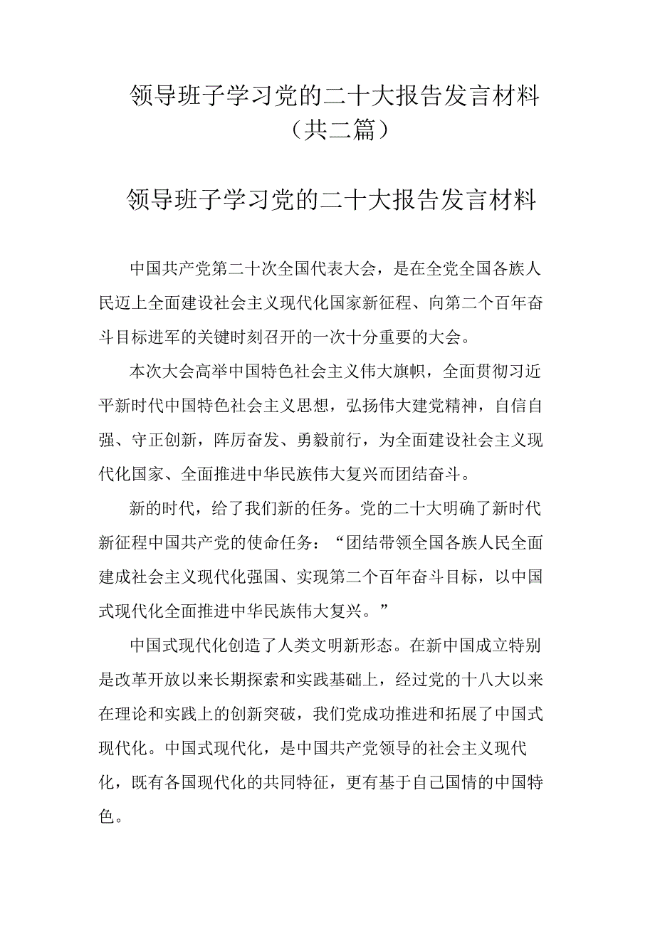 领导班子学习党的二十大报告发言材料(共二篇).docx_第1页