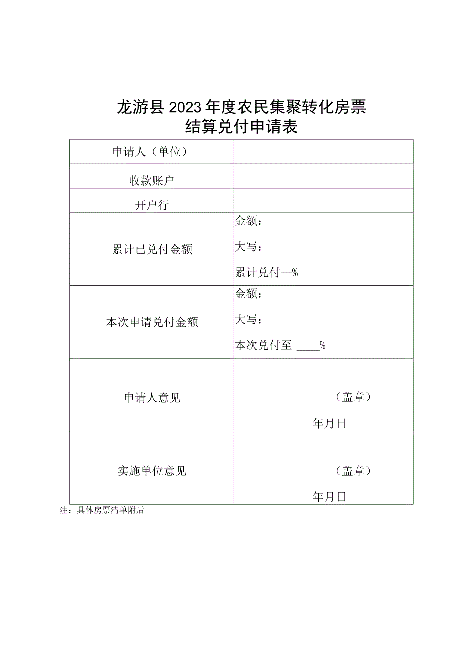 龙游县2023年度农民集聚转化房票结算兑付申请表.docx_第1页