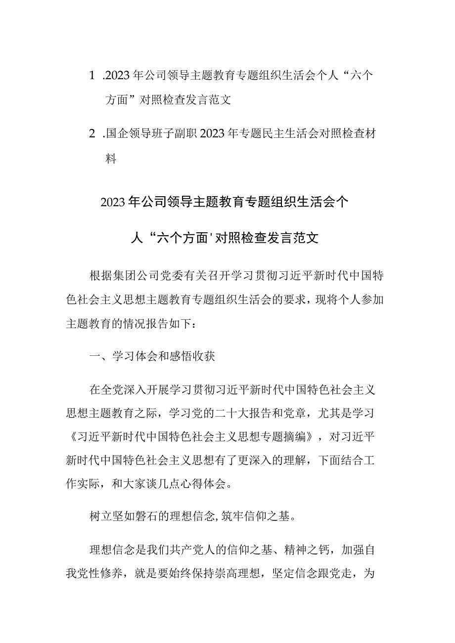 2023年公司领导主题教育专题组织生活会个人“六个方面”对照检查发言范文.docx_第1页