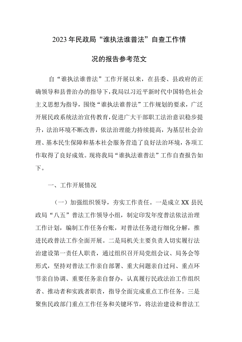 2023年民政局“谁执法谁普法”自查工作情况的报告参考范文.docx_第1页