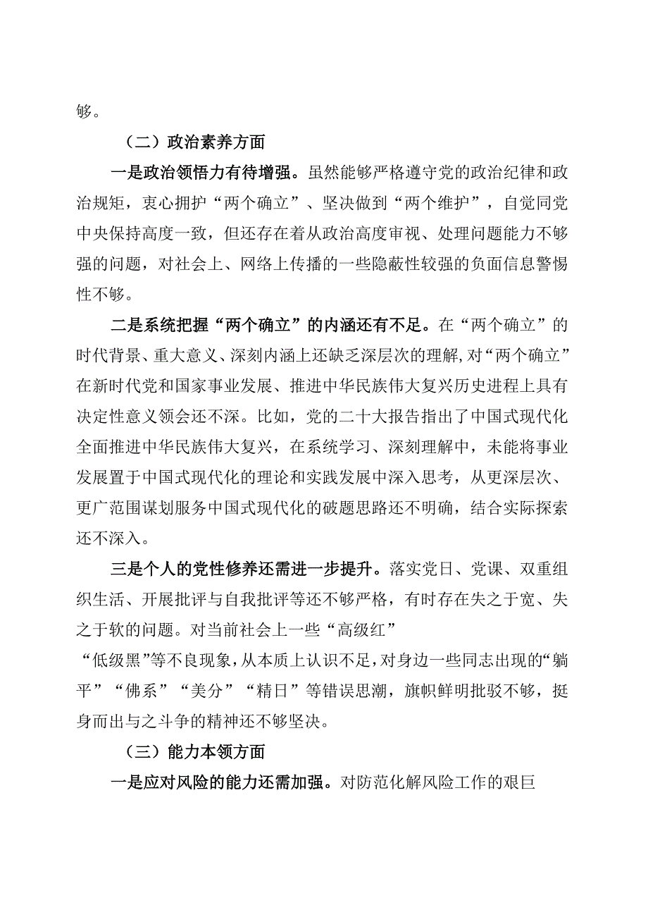 2023年主题教育组织生活会个人对照检查材料（学习、素质、能力、担当作为、作风、廉洁发言提纲检视剖析）.docx_第2页