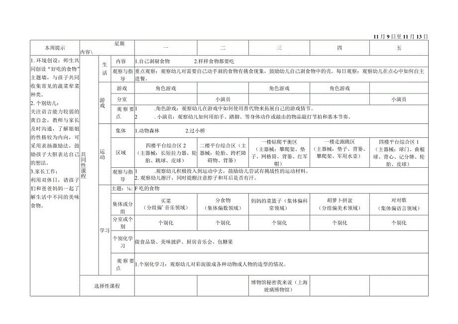 XXX实验幼儿园中三班第十一周计划 好吃的食物 （动物森林 过小桥）改.docx_第1页