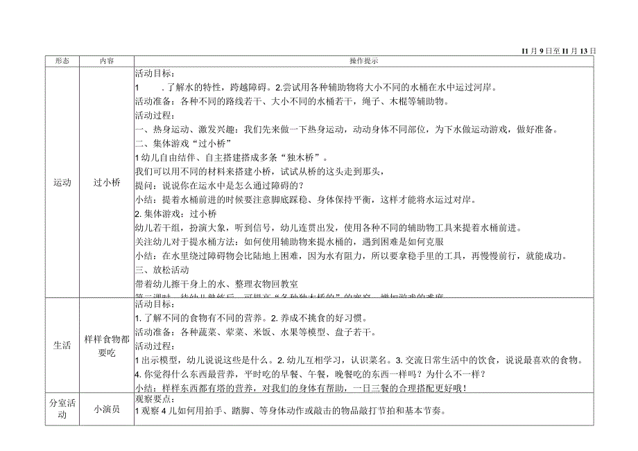 XXX实验幼儿园中三班第十一周计划 好吃的食物 （动物森林 过小桥）改.docx_第2页