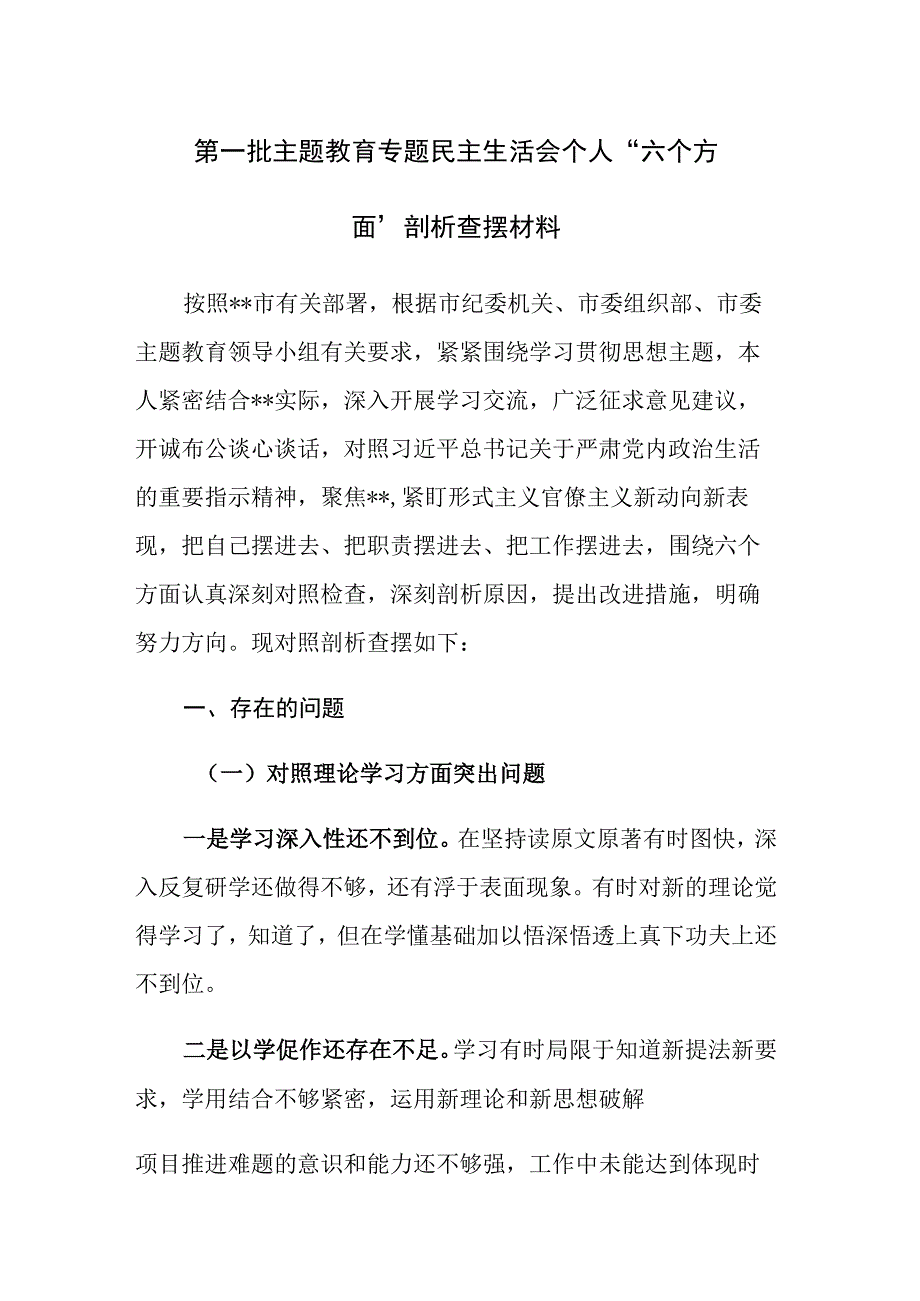 2023年第一批主题教育专题民主生活会个人“六个方面”剖析查摆材料参考范文2篇.docx_第1页