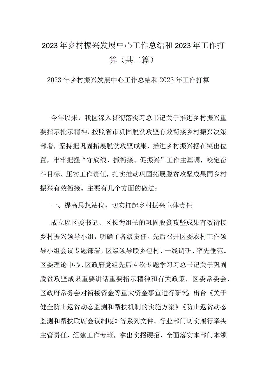 2022年乡村振兴发展中心工作总结和2023年工作打算(共二篇).docx_第1页