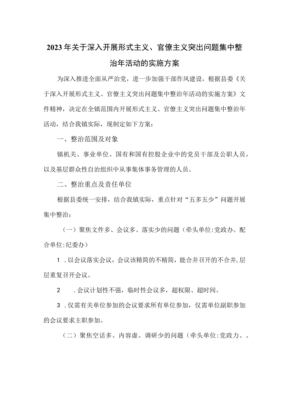 2023年关于深入开展形式主义、官僚主义突出问题集中整治年活动的实施方案.docx_第1页