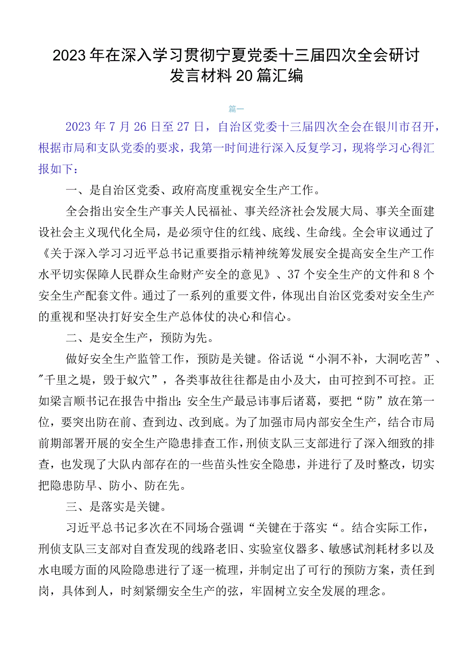 2023年在深入学习贯彻宁夏党委十三届四次全会研讨发言材料20篇汇编.docx_第1页