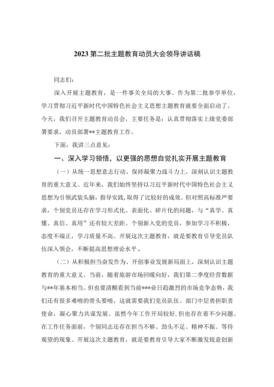 2023第二批主题教育动员大会领导讲话稿（10篇）范文.docx_第1页