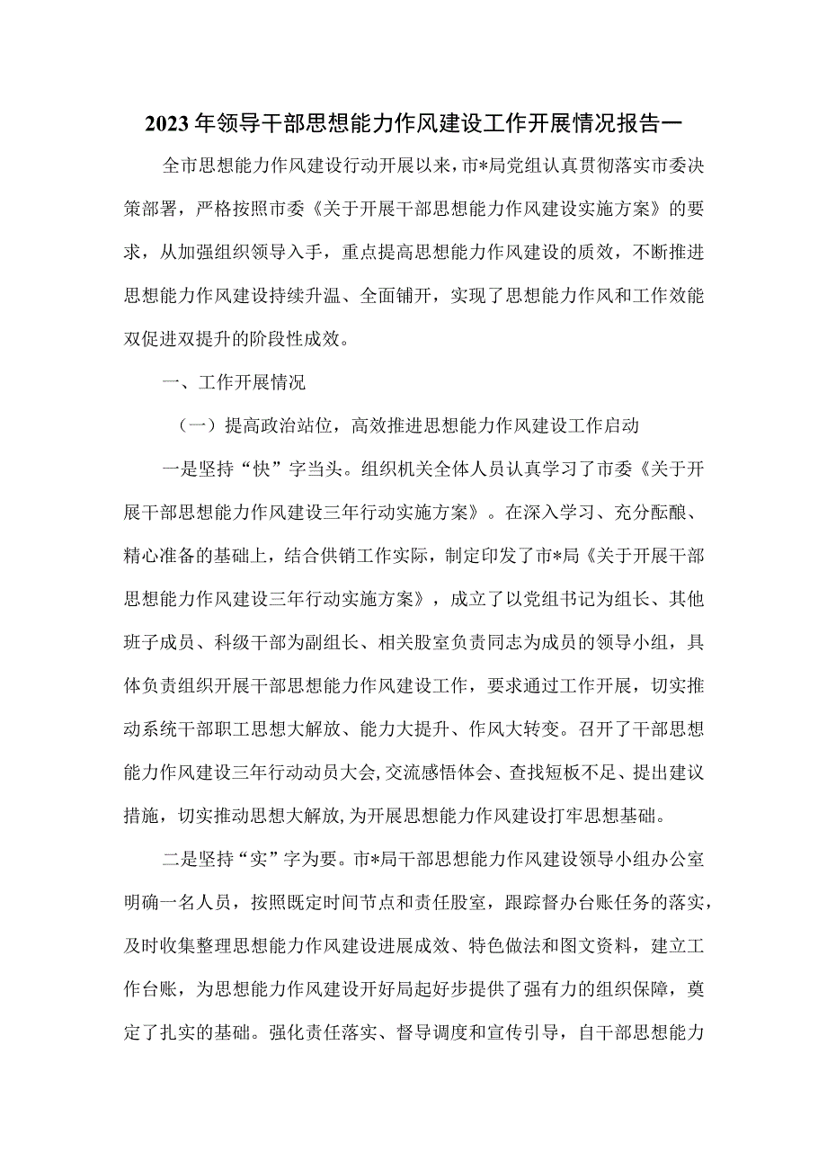 2023年领导干部思想能力作风建设工作开展情况报告一.docx_第1页