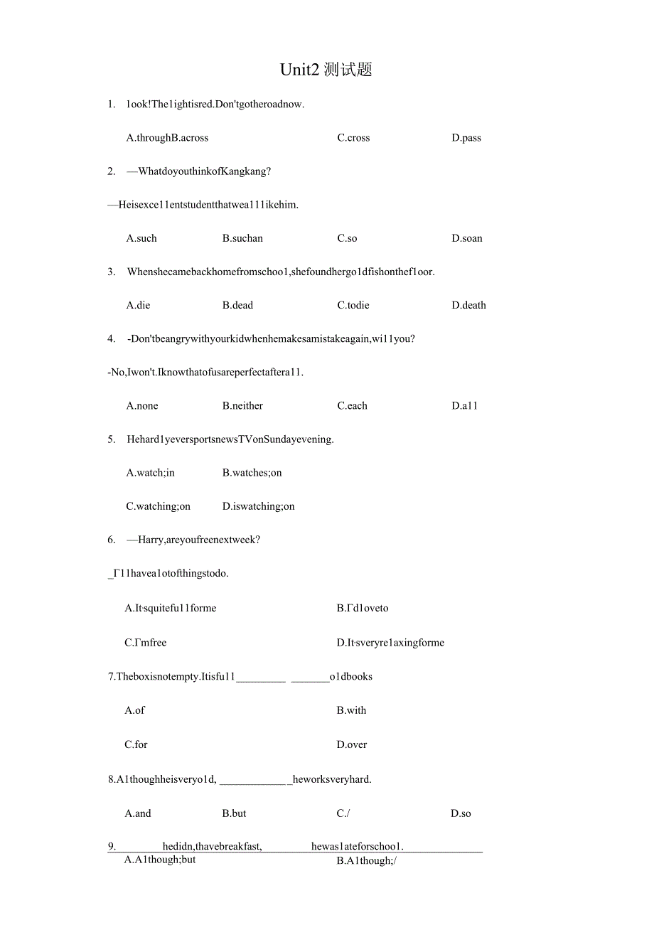 Unit 2 How often do you exercise_ 同步测试题（单项选择）（含解析）.docx_第1页