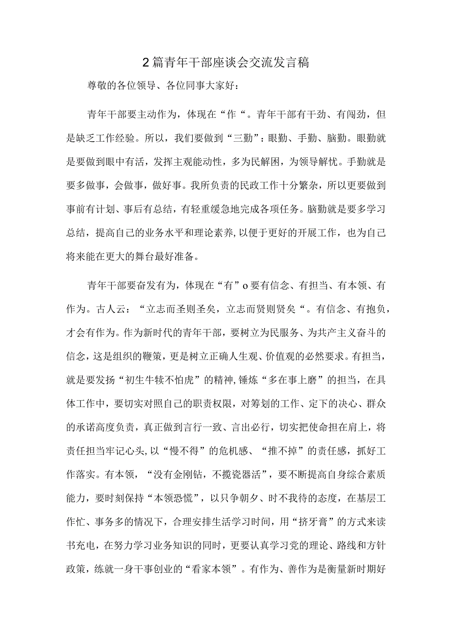 2篇青年干部座谈会交流发言稿.docx_第1页