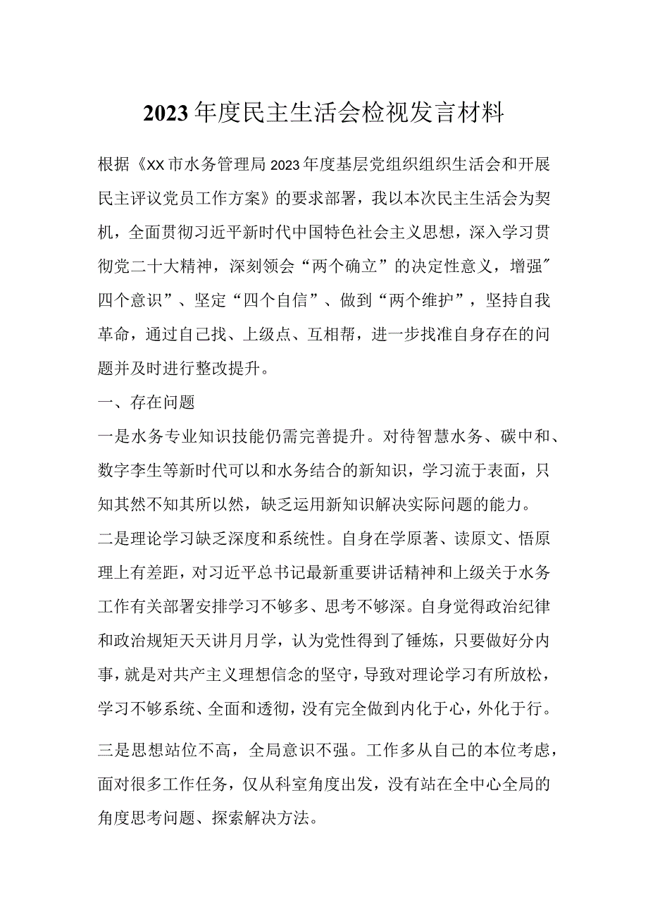 2023年度民主生活会检视 发言材料.docx_第1页