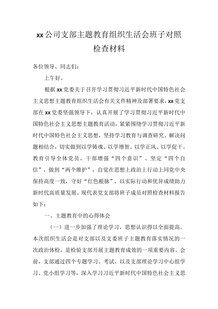 XX公司支部主题教育组织生活会班子对照检查材料.docx_第1页