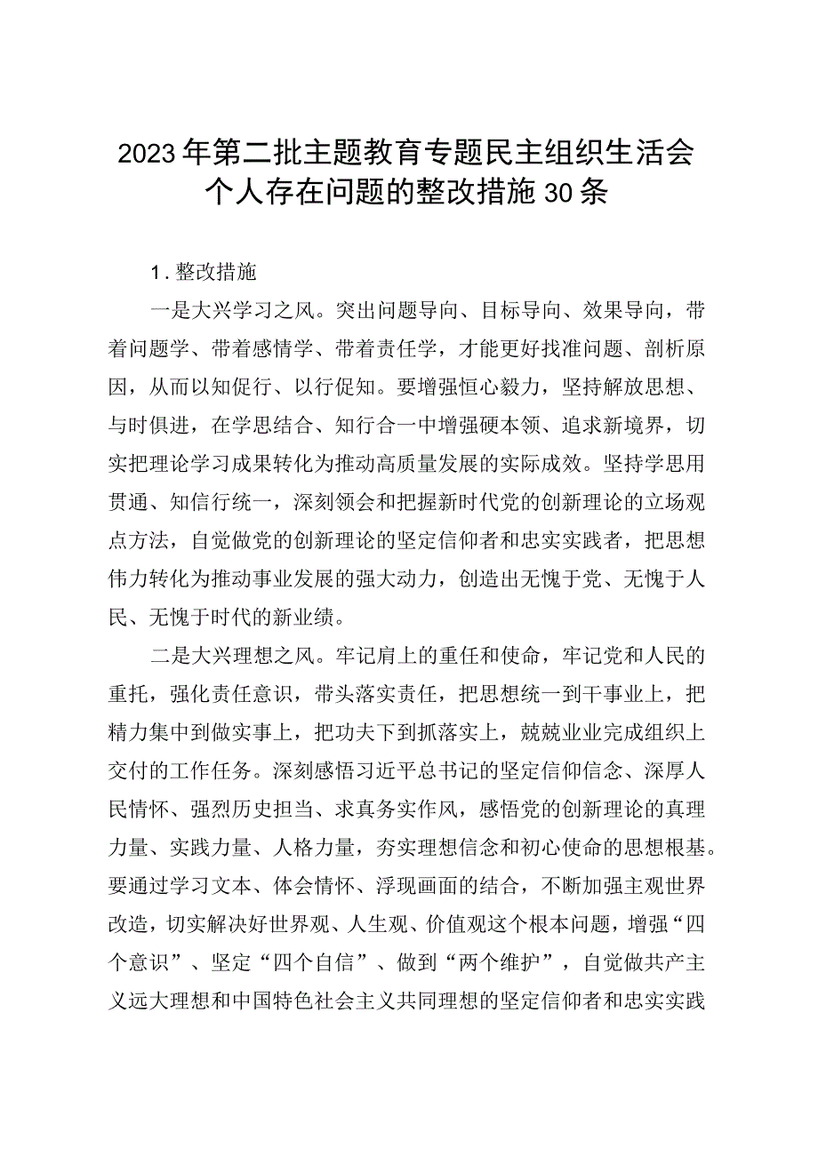 2023年第二批主题教育专题民主组织生活会个人存在问题的整改措施30条.docx_第1页