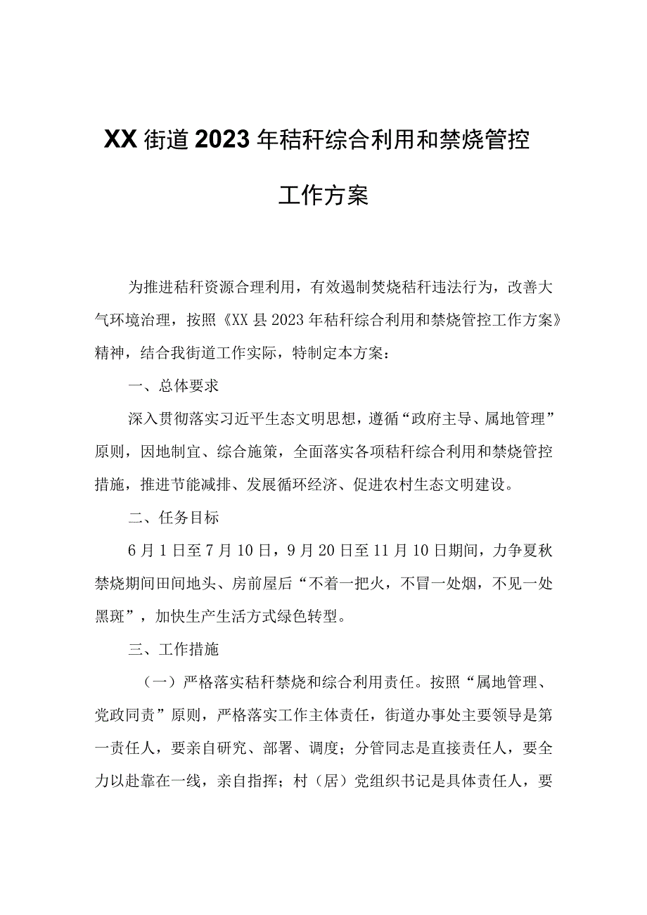 XX街道2023年秸秆综合利用和禁烧管控工作方案.docx_第1页