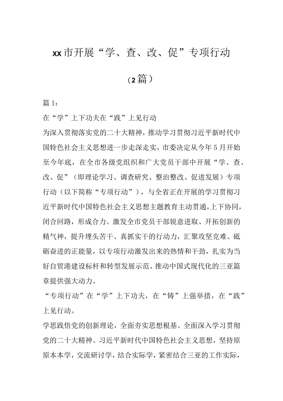 XX市开展“学、查、改、促”专项行动（2篇）.docx_第1页