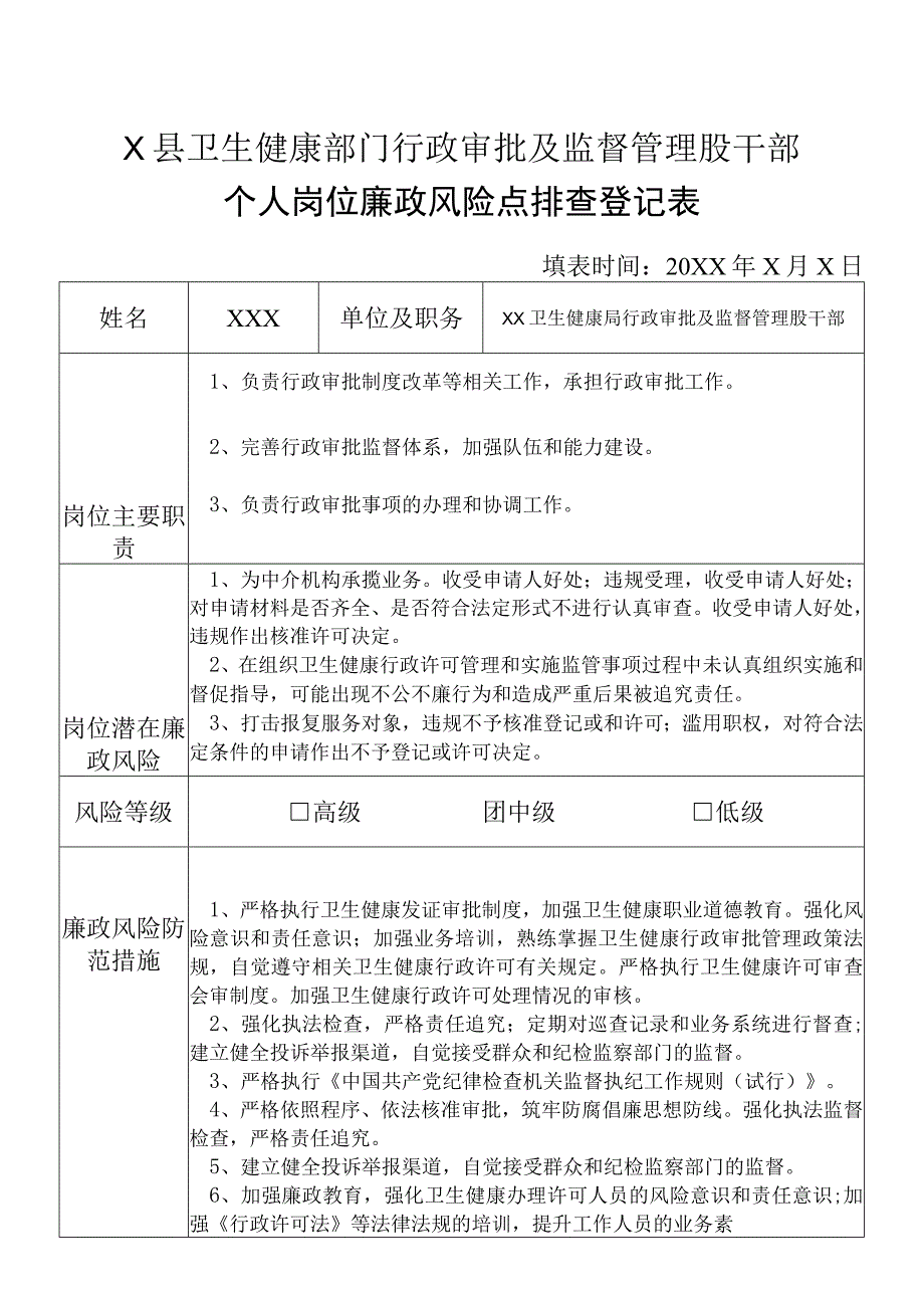 X县卫生健康部门行政审批及监督管理股干部个人岗位廉政风险点排查登记表.docx_第1页