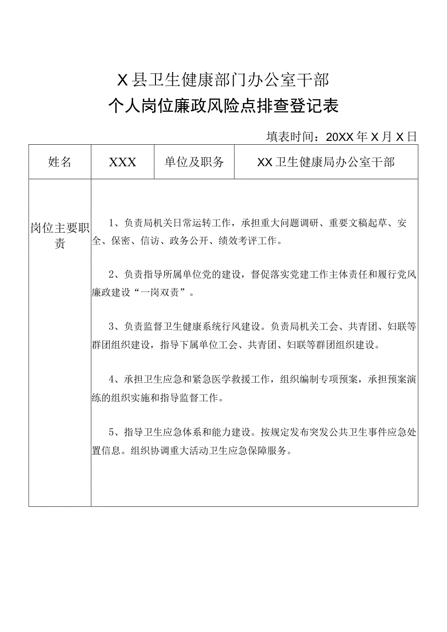 X县卫生健康部门办公室干部个人岗位廉政风险点排查登记表.docx_第1页